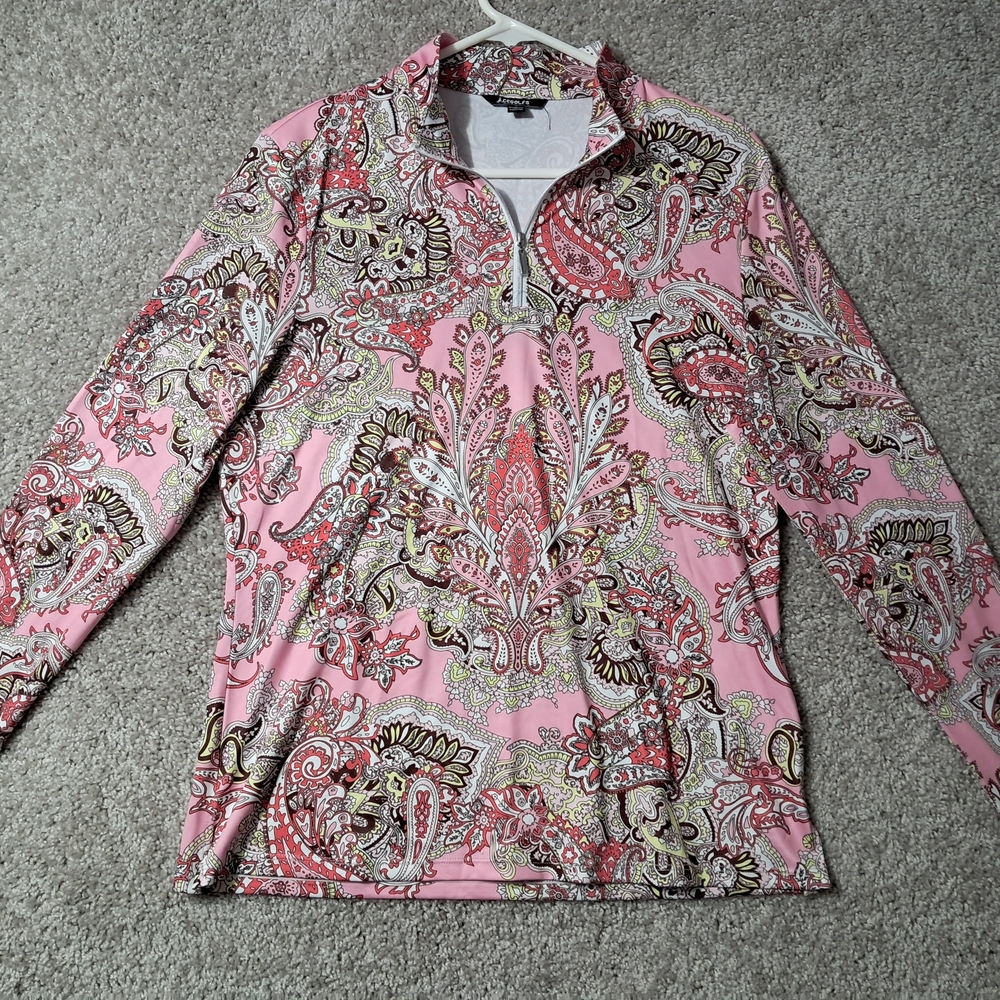 Acegolfs Womens Large Top 1/4 Zip Paisley Long Sleeve Blouse Pink